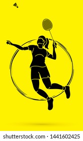 Badminton player action cartoon graphic vector.