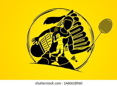 Badminton player action cartoon graphic vector.