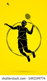Badminton player action cartoon graphic vector.