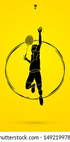 Badminton player action cartoon graphic vector.