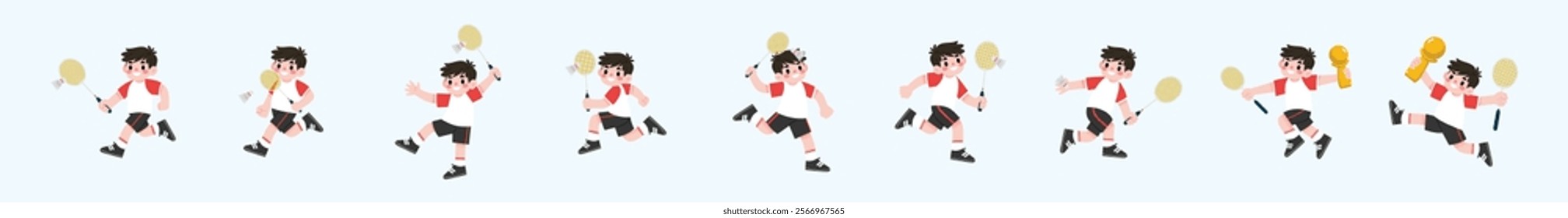 Badminton Player Action Poses Animated Boy Athlete Winning Championship