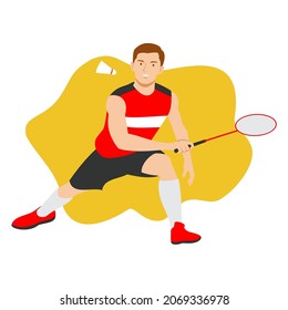 Badminton player action with racket and shuttlecock. Vector image