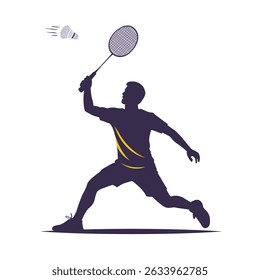 Badminton Player in Action Silhouette with racket and Shuttlecock
