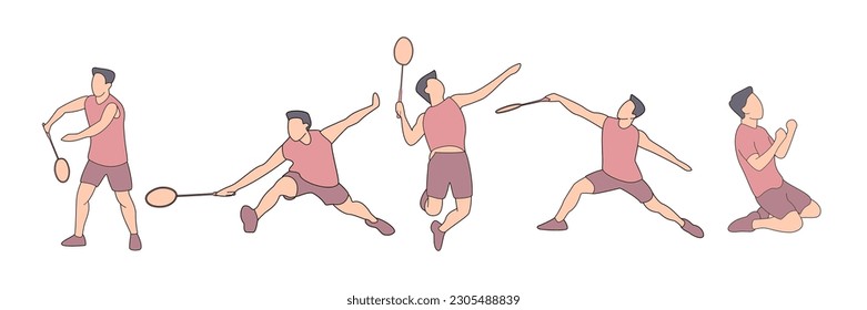 Badminton player in action. Vector set illustration