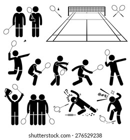 Badminton Player Actions Poses Stick Figure Pictogram Icons