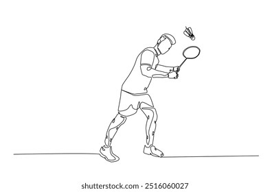 Badminton jogador contínuo um desenho de linha. Badminton esporte em ilustração de arte de linha única. Vetor editável.  