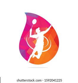 Badminton Player drop shape concept logo - Passionate Winning Moment Smash. Abstract Professional Young Badminton Athlete in Passionate Pose.	