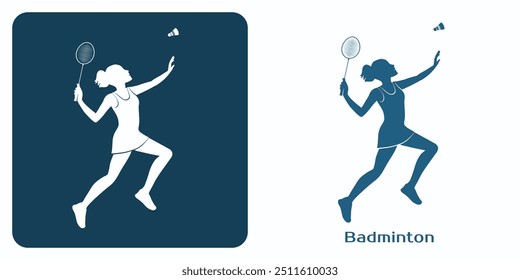 Badminton Player Emblem. Woman playing badminton icon. Girl in motion hitting shuttlecock with racquet Vector illustration.