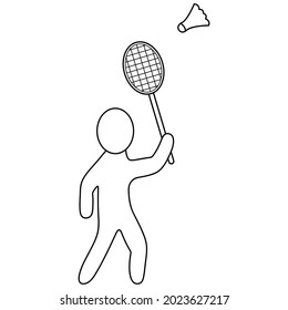 Badminton. The player hits the shuttlecock with a racket. Sketch. Vector icon. The man is playing a sports game. Isolated white background. Coloring book for children. Doodle style. 