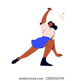 Badminton player hitting shuttlecock with racket. Black woman athlete playing sports court game, holding racquet in hand, serving shuttle. Flat vector illustration isolated on white background