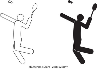 Badminton player icon. The image features a stick figure in an action pose, holding a racket and hitting a shuttlecock