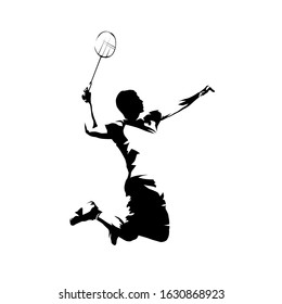 Badminton player, isolated vector silhouette, ink drawing