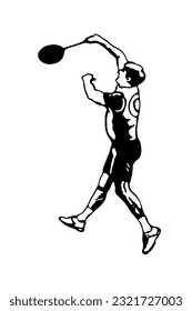 Badminton player. Jump stick smash. Poster template. Black and white hand-drawn image. Vector illustration.