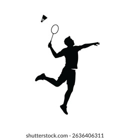 Badminton Player Leaping Smash Black Silhouette Icon Dynamic Sports Action Vector Graphic Art