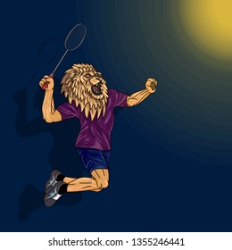 Badminton player, lion in human body, jumping to smash badminyon with shadow on blue background with yellow light spot. Animal playing sport. vector illustration.