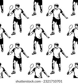Badminton player. Man performing a net shot. Seamless pattern. Black and white sports collection. Vector illustration.