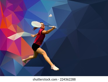 Badminton player on abstract polygonal background. Triangles background for your design. Geometrical lines vector
