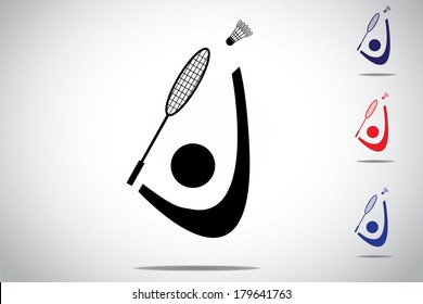 Badminton player playing smashing shuttlecock with racket. different colorful symbol icon set of Man or Woman athlete hitting shuttle with racket - concept design illustration white background