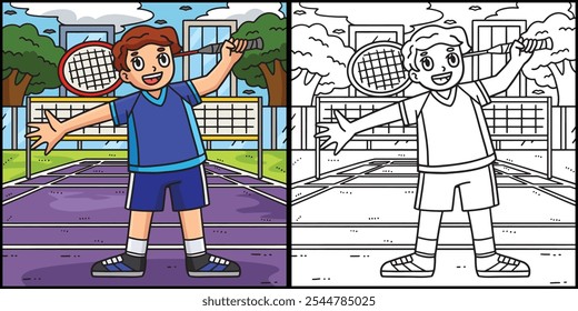 Jugador de bádminton con la raqueta para colorear ilustración