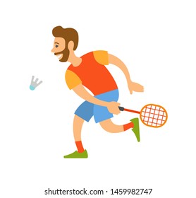 Badminton player with racket hitting shuttlecock or birdie isolated cartoon character. Vector men wearing summer clothes hitting bird, competitors on tournament. Flat cartoon