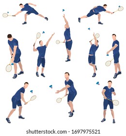 Badminton player with racket and shuttlecock set, vector flat illustration isolated on white background. Sportsman playing badminton. Sport championship event, training.