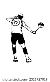 Badminton player. Serve in badminton. Poster template. Black and white hand-drawn image. Vector illustration.