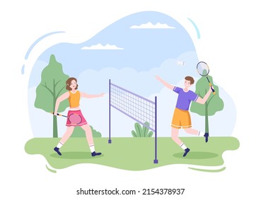 Badminton Player with Shuttle on Court in Flat Style Cartoon Illustration. Happy Playing Sport Game and Leisure Design