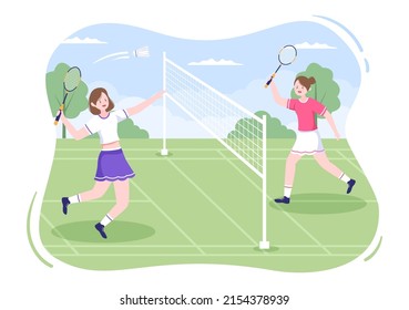 Badminton Player with Shuttle on Court in Flat Style Cartoon Illustration. Happy Playing Sport Game and Leisure Design