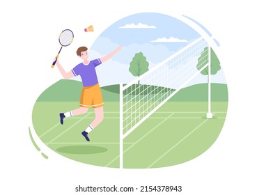 Badminton Player with Shuttle on Court in Flat Style Cartoon Illustration. Happy Playing Sport Game and Leisure Design