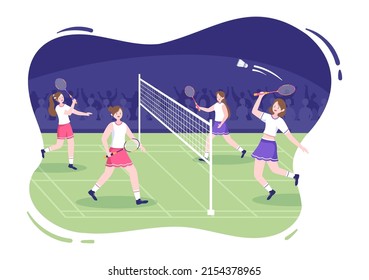 Badminton Player with Shuttle on Court in Flat Style Cartoon Illustration. Happy Playing Sport Game and Leisure Design