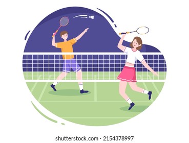 Badminton Player with Shuttle on Court in Flat Style Cartoon Illustration. Happy Playing Sport Game and Leisure Design