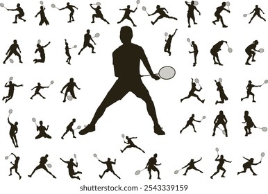 Badminton Player Silhouette Action Sport Set Champion Illustration