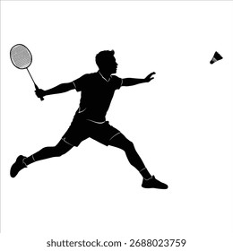 Badminton Player Silhouette – Lunging Forward Pose with Racket  Shuttlecock in Black White