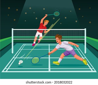 Badminton player smash in match competition at court sport stadium cartoon illustration vector