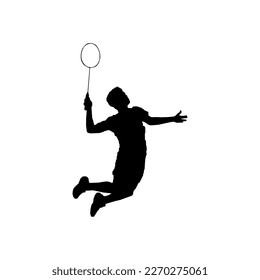 Badminton player smash silhouette isolated on white background.