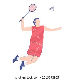 The badminton player smashes the shuttlecock hard. Athletes in uniform playing badminton. Professional badminton player during sports match. Colored flat vector illustration of sportsman isolated