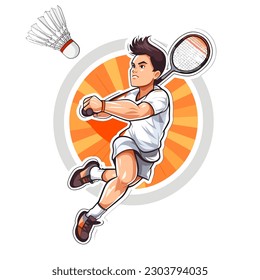 Badminton player smashing the badminton shuttlecock. Badminton active sport. cartoon vector illustration, isolated background, label, sticker 