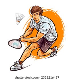 Badminton player smashing the badminton shuttlecock. Badminton active sport. cartoon vector illustration, isolated background, label, sticker 