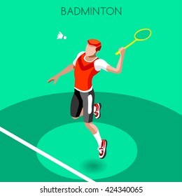 Badminton Player Sportsman Games Icon Set. 3D Isometric Player. Sporting Championship People Badminton Match Competition. Sport Infographic events Vector Illustration.