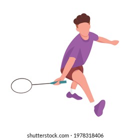 A badminton player swinging his racket to parry flying-low shuttlecock. Sports flat illustrations.