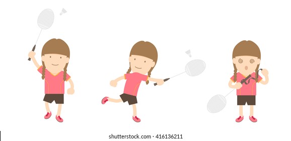 Badminton player woman action set isolated on white background