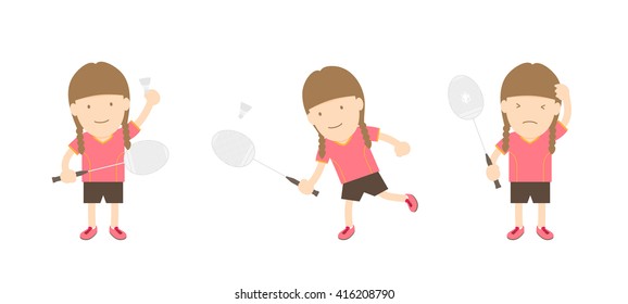 Badminton player woman action set isolated on white background