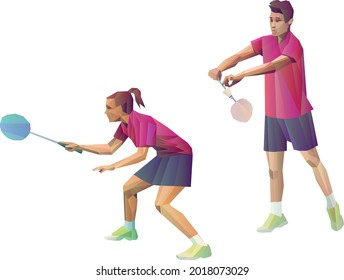 Badminton players mixed doubles team, man and woman start badminton game, vector badminton serve