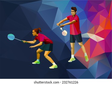 Badminton players mixed doubles team, man and woman start badminton game, vector badminton serve