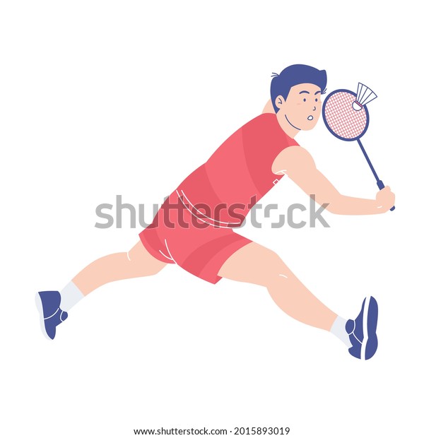 Badminton players parry the opponent\'s attack.\
Athletes in uniform playing badminton. Professional badminton\
player during sports match. Colored flat vector illustration of\
sportsman isolated