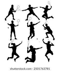 Badminton-Spieler setzen Silhouette Vektorgrafik. Vier Männer spielen Badminton für Hintergrunddesign.