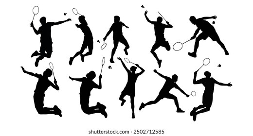 Ilustración vectorial de conjunto de silueta de jugadores de bádminton. Hombres de colección jugando al bádminton para el diseño de fondo.