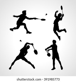 Badminton Players Silhouettes Set. Men silhouettes play Badminton vector. Collection of sportsmen. Vector illustration