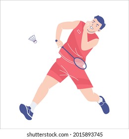 Badminton players use the drop shot technique. Athletes in uniform playing badminton game. Professional badminton player during sports match. Colored flat vector illustration of sportsman isolated
