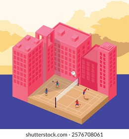 badminton playing in city isometric vector illustration 